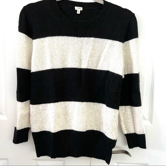 J Crew Black White Sequin Stripe Sweater M - Picture 2 of 9